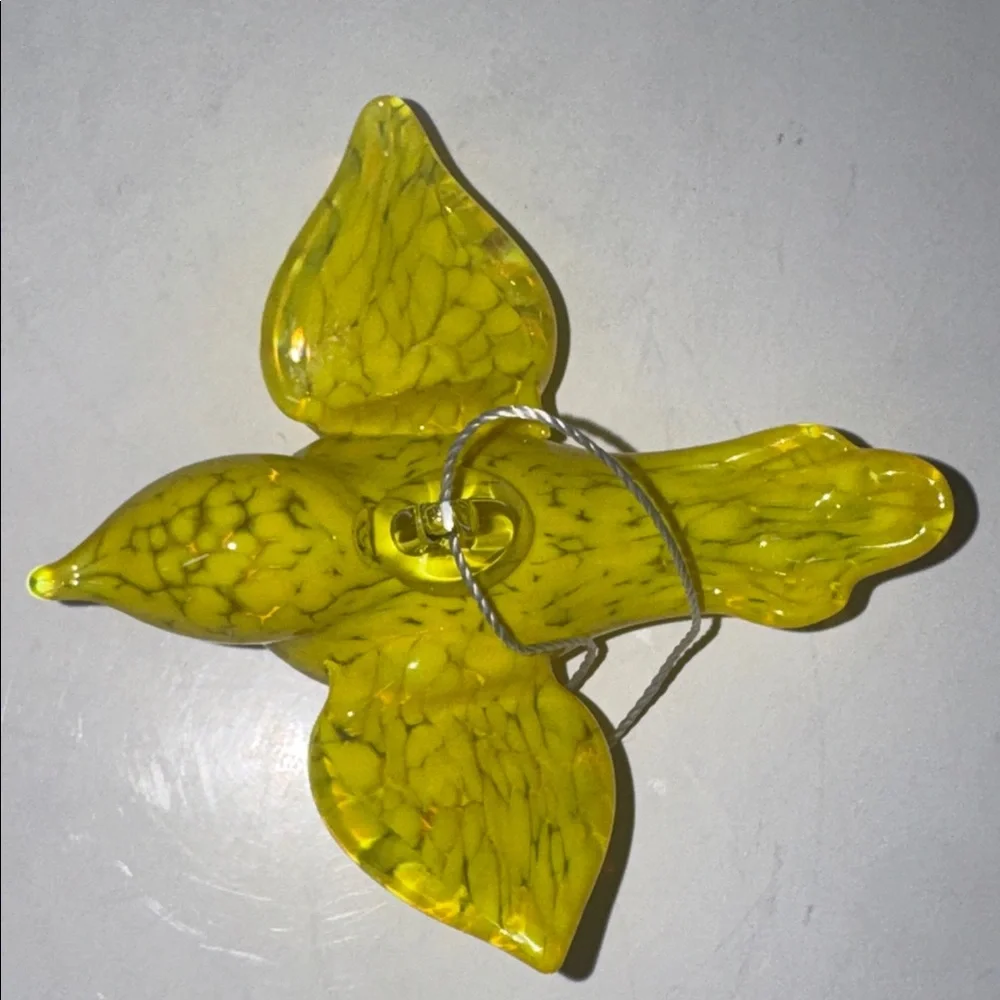 Bird Hanging Ornament yellow and white speckled glass handblown 4” long